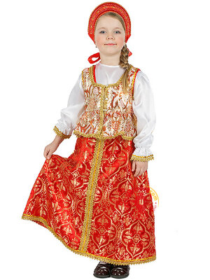 Русский народный костюм детский атласный комплект  "Люкс" сарафан и блузка возраст 8-12 лет